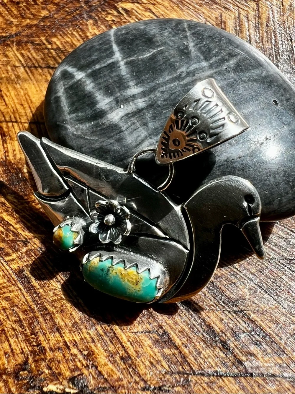 Sterling Silver Kingman Turquoise Duck Pendant - Picture 3 of 10